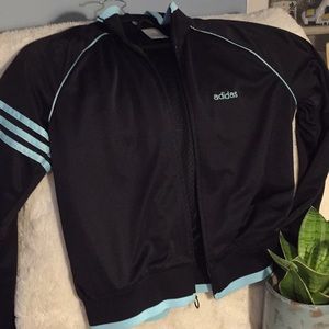 Baby blue and black adidas jacket ladies medium